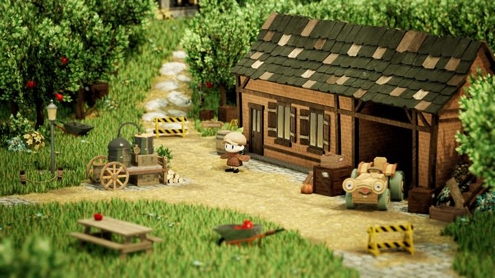 A young detective outside of a countryside house.