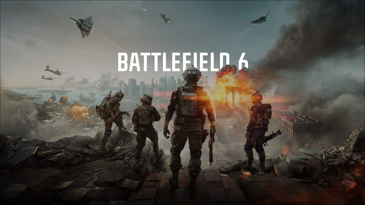 Battlefield 6 key art. Four soldiers overlooking a war torn San Fransico.