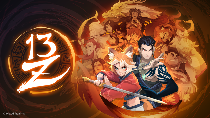 13z: The Zodiac Trials key art shows a dark haired man and fox-themed woman in front of nearly a dozen characters