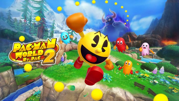 Pac-Man jumping up with four different coloured ghosts in the nearby background
