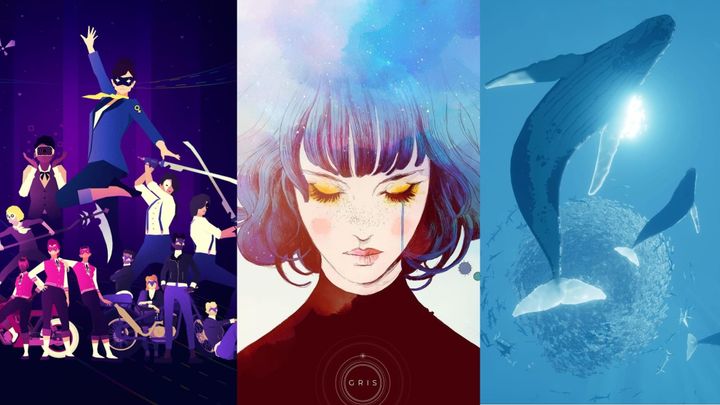 A three image gallery showing art from Sayonara Wild Hearts (left), Gris (middle), and Abzu (right)