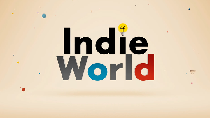 Indie World text on a beige background with some tiny shapes across it