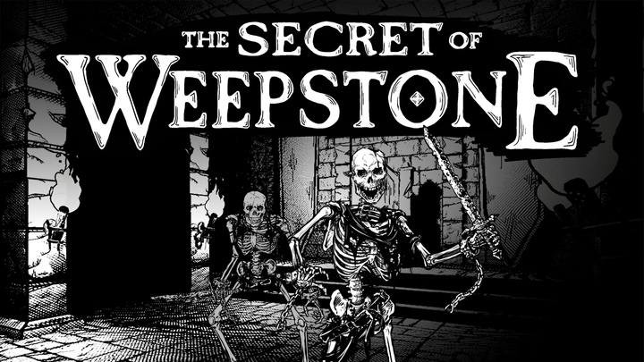 Black and white artwork showing two skeletons in a torch lit dungeon ready to attack you