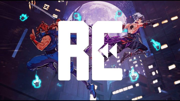 Rewinder logo with two characters from Ninja Gaiden: Ragebound behind