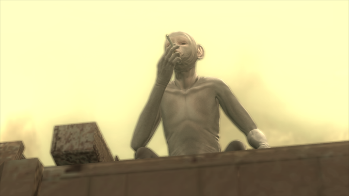 Metal gear solid 4 screenshot showing a monkey smoking 