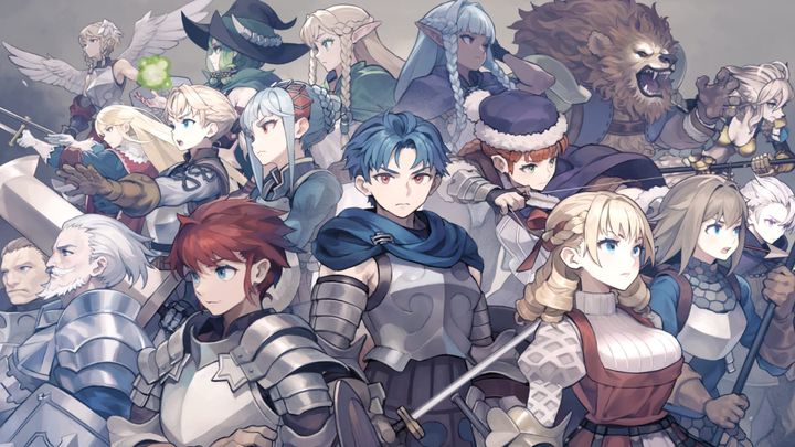 Over a dozen soldiers of different ranks, classes, and hair colours closely grouped together