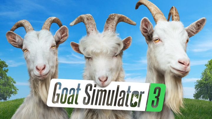 Three goats in a field with the "Goat Simulator 3" logo being held by the middle one's mouth