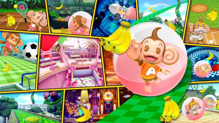 Gallery of screeenshots from Super Monkey Ball with AiAi in a ball overlapping them as he reaches for bananas