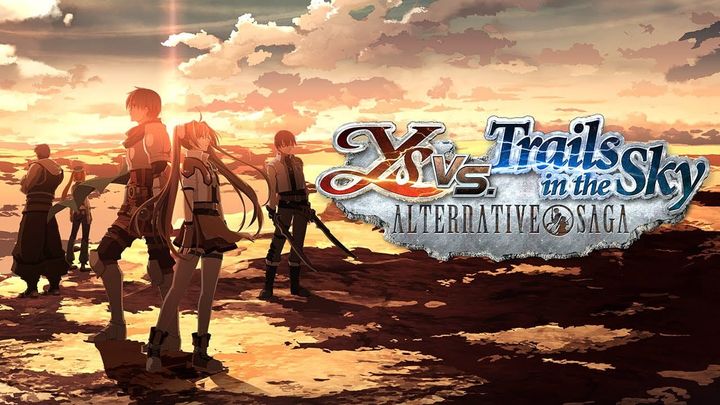 Ys vs. Trails in the Sky: Alternative Saga shows several character standing beneath a cloudy sky during sunset