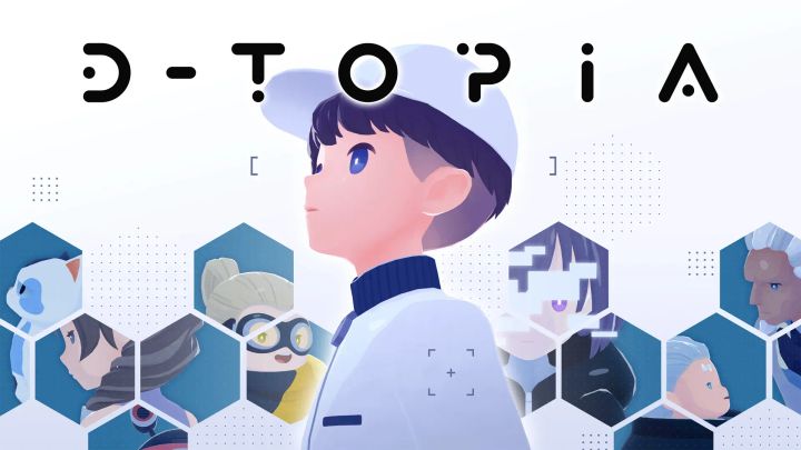 A young boy in white clothing with other characters viisble across fragmented hexagonal tiles in the background