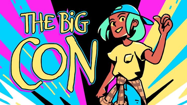 Teenage girl on colorful artwork with the words "The Big Con" to her left.