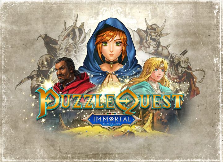 Puzzle Quest key art shows three characters in front of several enemies with the game's logo beneath them all