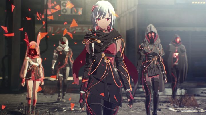 Silver haired girl with red eyes in red and black clothes walking forward with a masked group