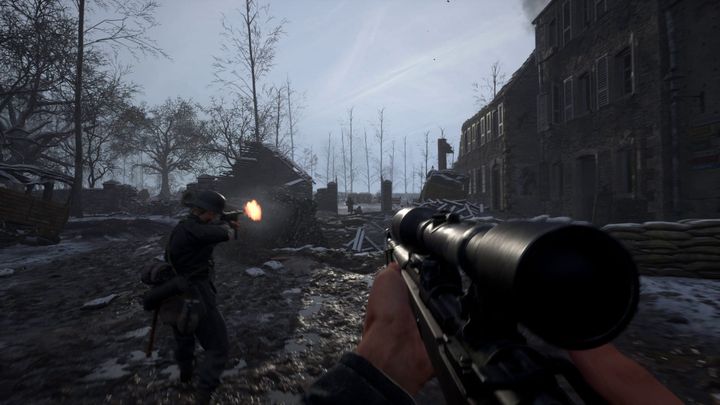 First person perspective of a soldier on the battlefield holding a sniper rifle