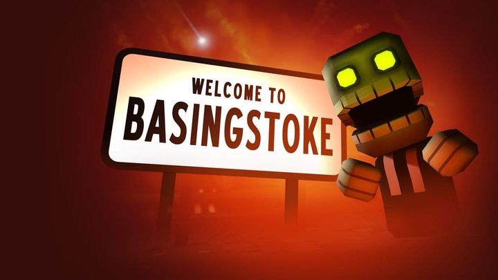 Welcome to Basingstoke on a sign with an open mouth, yellow eyed cartoon enemy nearby