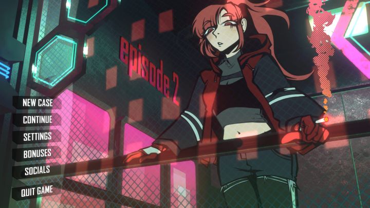 A main menu for episode 2 of 'of the devil' shows a red haired woman in a black and red outfit holding a railing while smoking