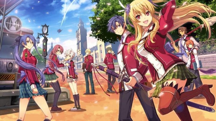 Trails of Cold Steel key art shows eight characters across a campus wearing red uniforms