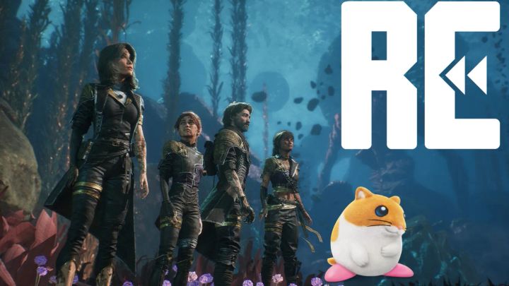 Four characters in a gold/black uniform standing in an underwater biome. Hamster called Rick from the Kirby series is also here
