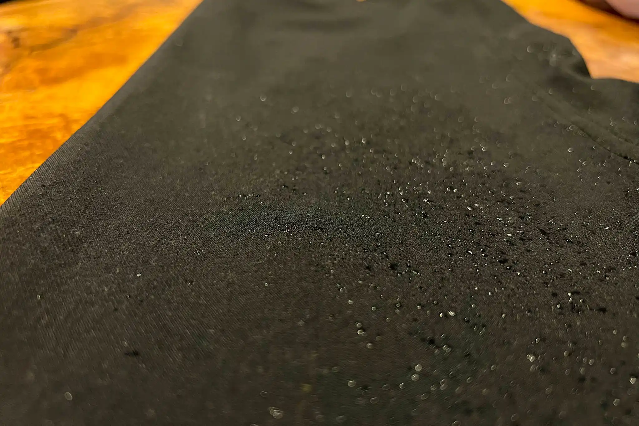 Water beads up in light rain on the Evolution Pant.