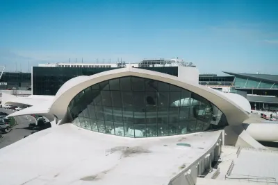 A view of the TWA Hotel terminal from outside