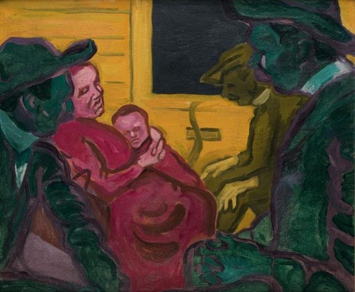 Painting of figures in a train carriage. Two men in the foreground, coloured green, one man in the background, colored dark yellow, and a mother and baby in bright pink. 