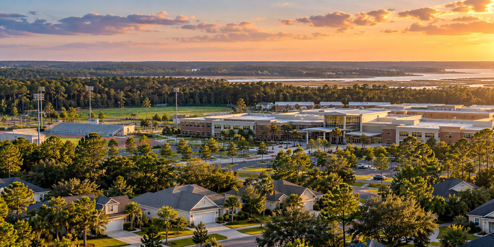 Aerial view of a Nassau County-style school campus surrounded by athletic fields, neighborhoods and new residential development.