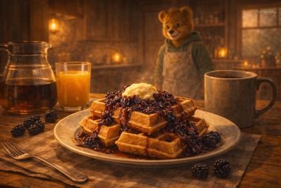 Senty's Morning Waffles with Boysenberry Compote