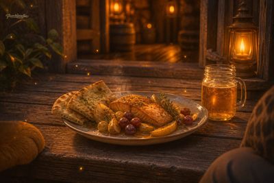 Senty’s Forgiveness Salmon with Herb Flatbread, Blistered Grapes & Warm Ginger-Pear Soda