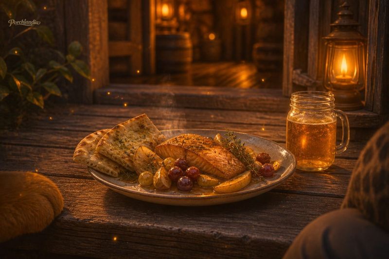 Senty’s Forgiveness Salmon with Herb Flatbread, Blistered Grapes & Warm Ginger-Pear Soda