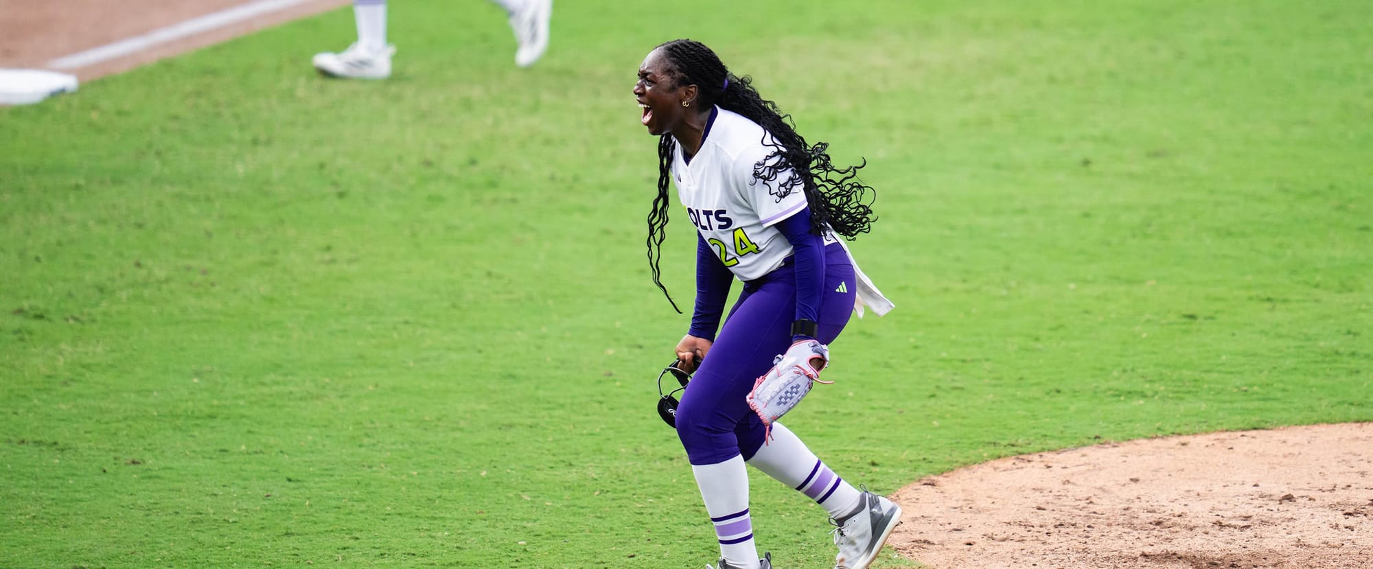 Texas Volts pitcher NiJaree Canady celebrates after escaping a bases-loaded jam