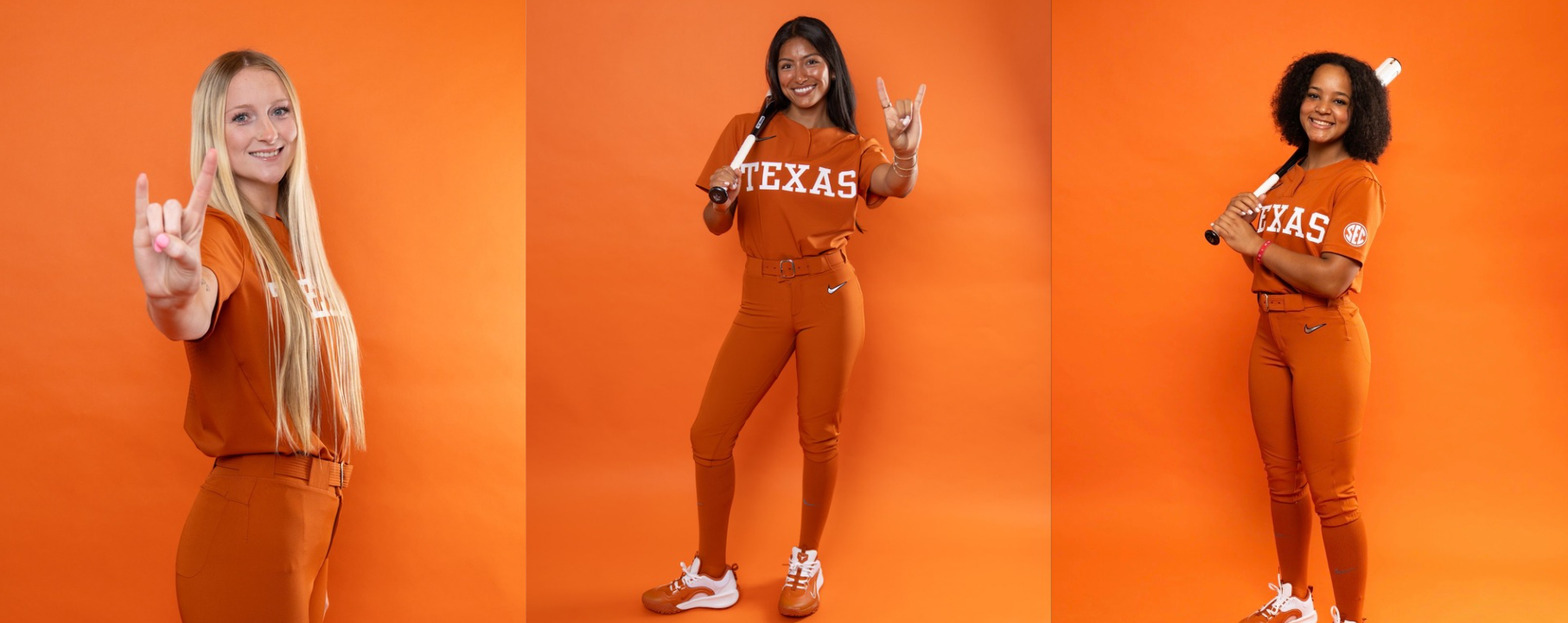 Texas softball transfers Isa Torres, Samantha Swan and Samantha Lincoln in Longhorns uniforms