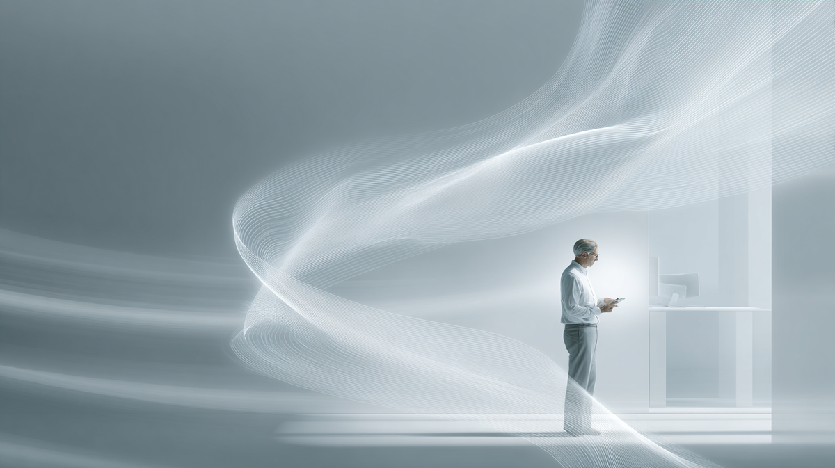 Editorial-style image of a person in a modern office, surrounded by abstract flowing lines symbolizing AI automation and invisible intelligent systems.