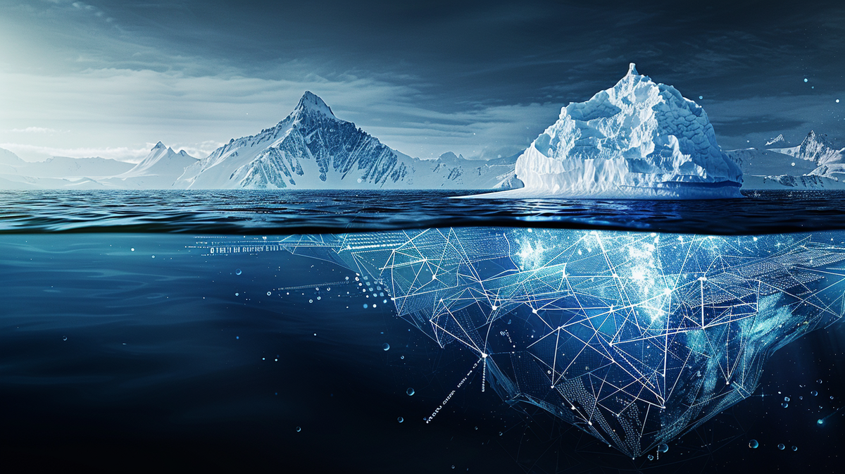 Iceberg illustration showing small visible tip above water and massive complex underwater section, representing hidden costs of AI implementations.