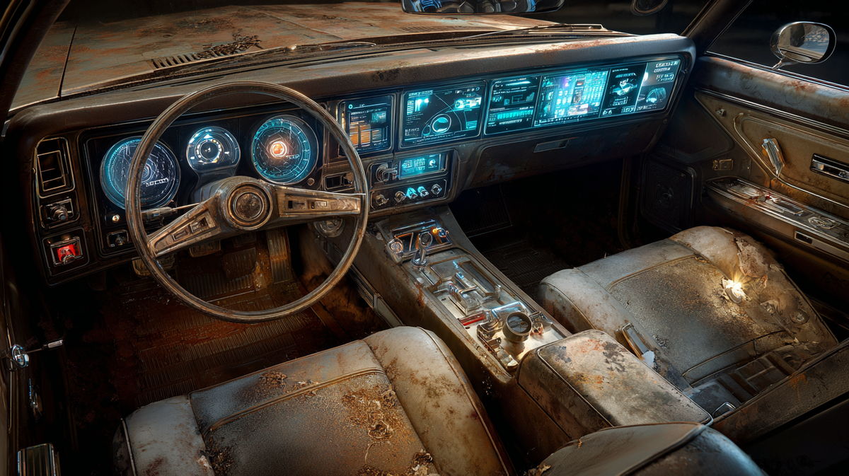 Interior of a rusted 1970s car with torn seats, retrofitted with a sleek, glowing AI dashboard, symbolizing new technology bolted onto outdated infrastructure.