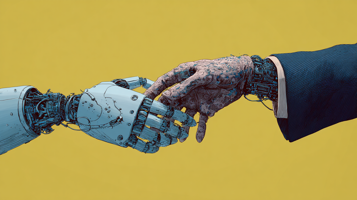 Robotic hand and mechanized human hand reaching toward each other in handshake gesture, representing human-AI collaboration and trust.