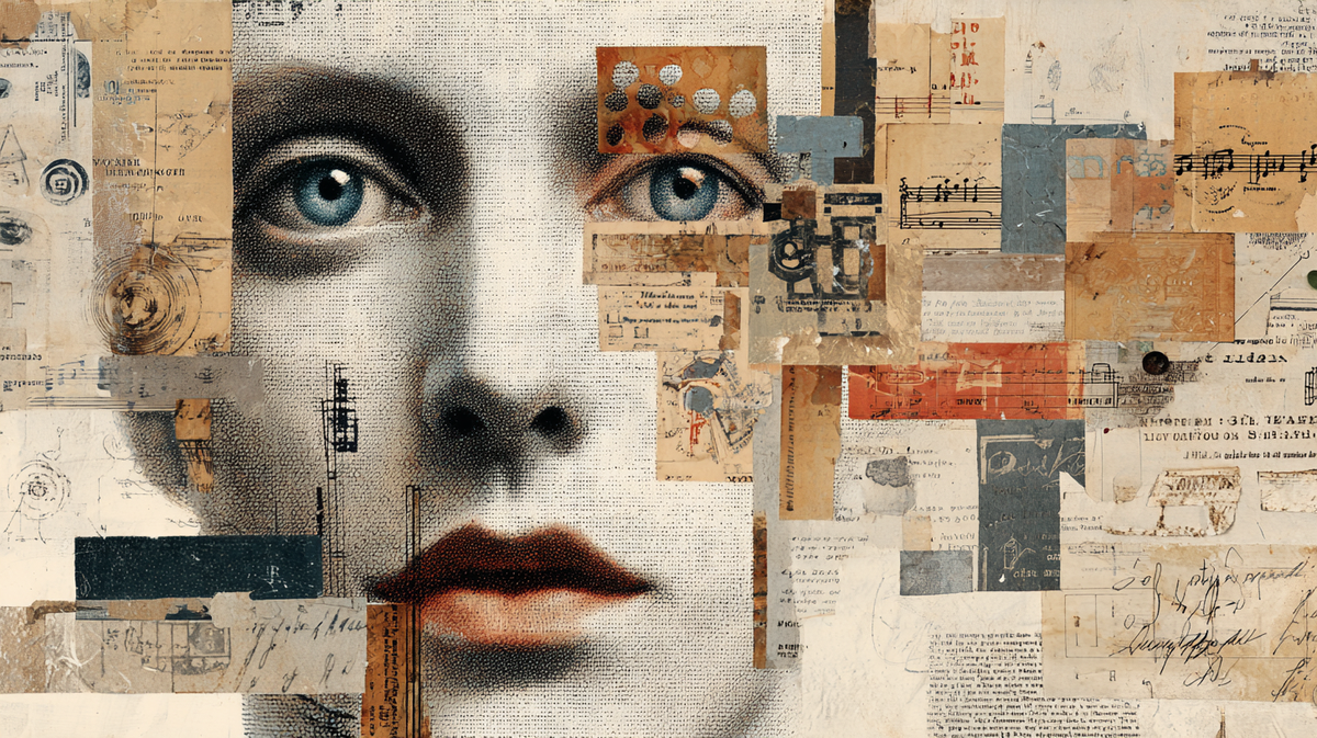 Abstract collage artwork depicting human face integrated with neural patterns and structured symbolic elements, representing neuro-symbolic AI architecture
