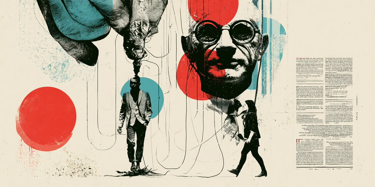 Collage of small businessmen walking like marionettes on strings from a giant hand, beside a large spectacled face and columns of print.