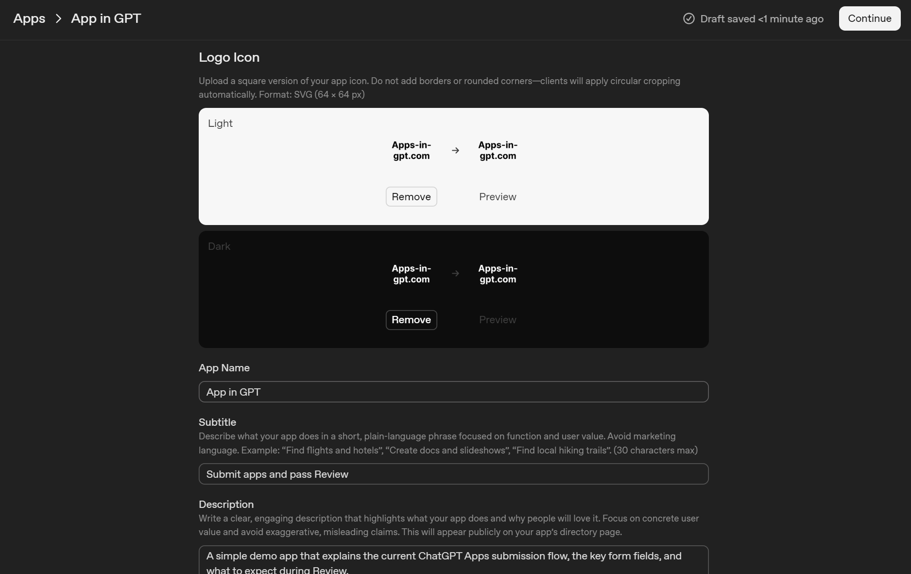 App Info form in OpenAI Platform with Light/Dark icon upload, App Name, Subtitle, and Description fields