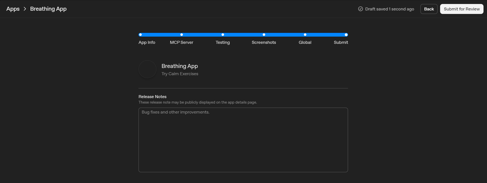 Final Submit step showing the Release Notes field and the Submit for Review button