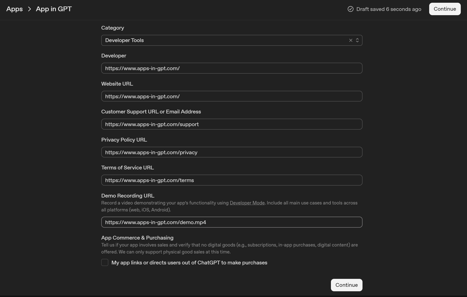 App Info form section with Category, Developer, Website, Support, Privacy Policy, Terms, Demo Recording URL, and purchasing checkbox