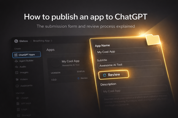 Screenshot of a blog editor showing the feature image and article title “How to publish an app to ChatGPT”.