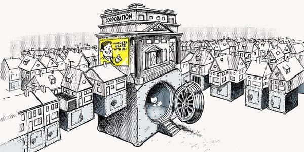Illustration of a corporate building on top of a big bank cault surrounded by small houses on top of small safes.