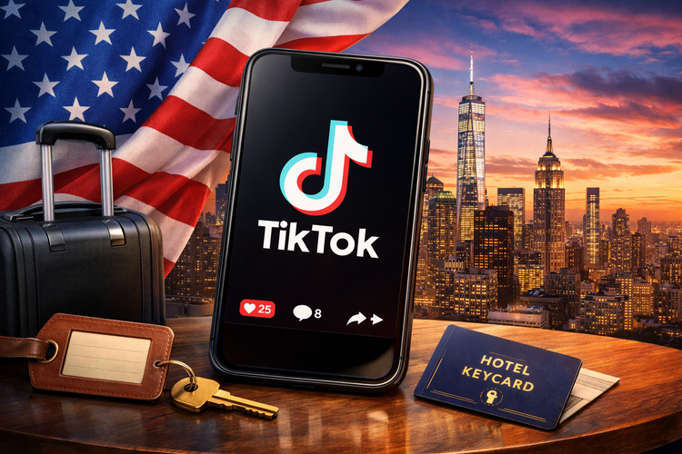 Smartphone showing the TikTok app against a U.S. city skyline and American flag, with a suitcase and hotel keycard nearby, highlighting TikTok’s U.S. shift and hotel marketing relevance.