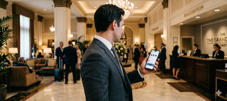 Man looking at LinkedIn on mobile phone standing in hotel lobby