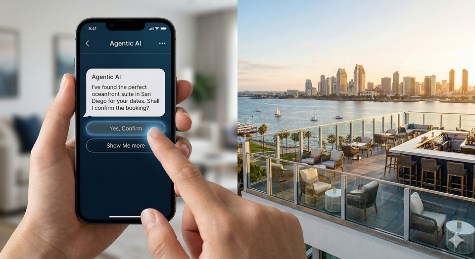AI generated view of Downtown San Diego, with Agentic AI booking a vacation. 