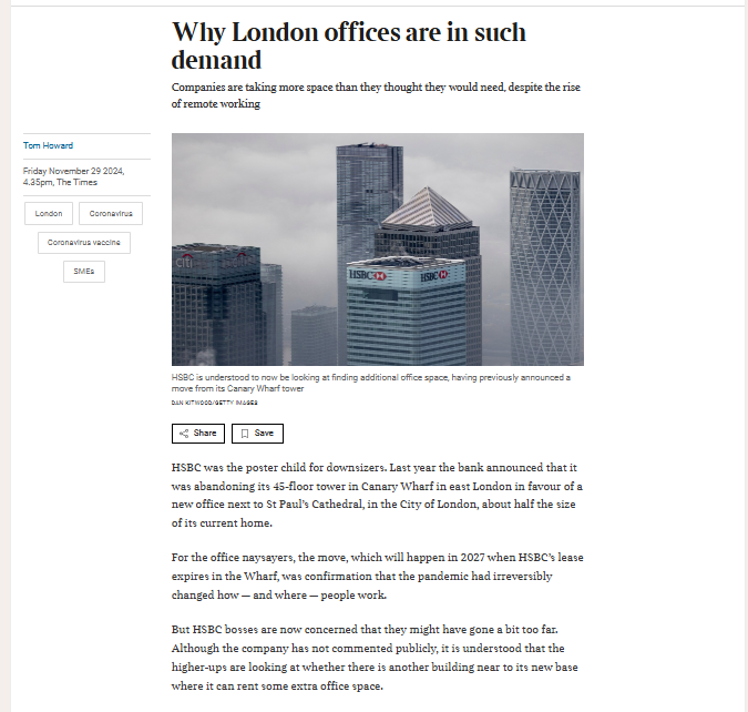 Nice article ... office is alive in Europe and the Class A end is thriving ...