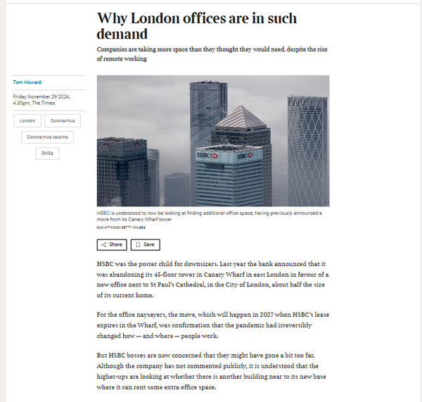 Nice article ... office is alive in Europe and the Class A end is thriving ...