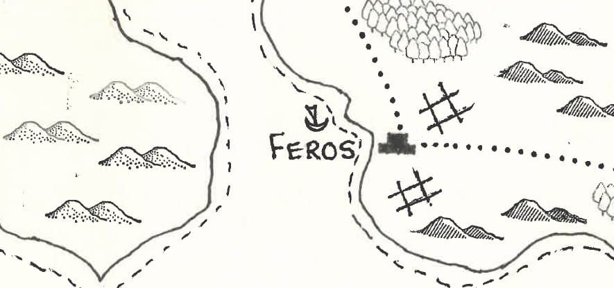 Fantasy map of a city with surrounding farms, roads, hills, forest, and seas.