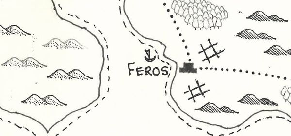 Fantasy map of a city with surrounding farms, roads, hills, forest, and seas.