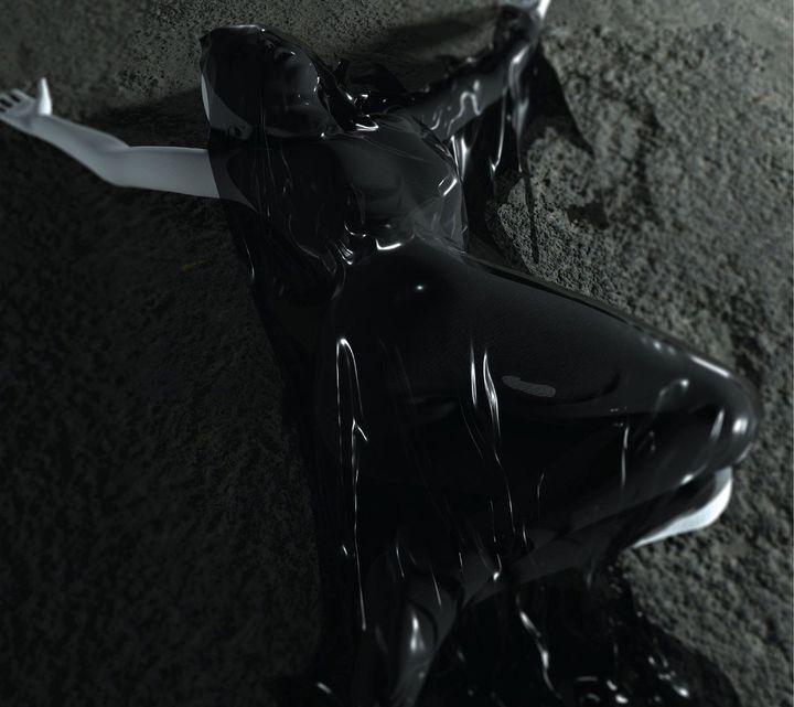 The album artwork for body of immanence by Ni Zheng, showing a body on the floor covered in a thick black liquid.